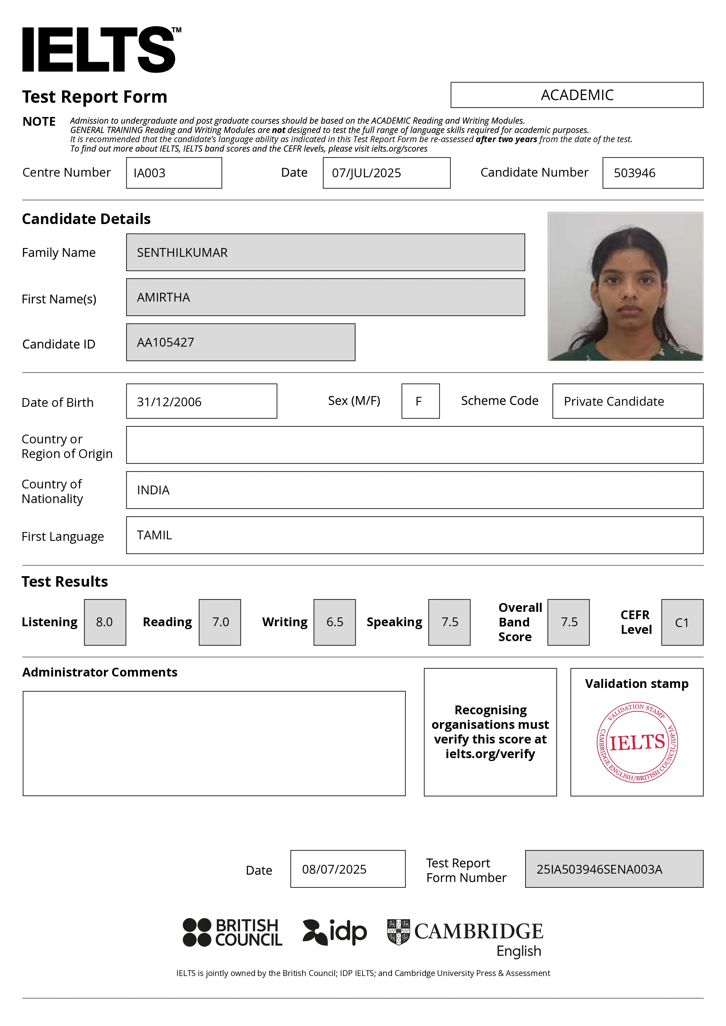 Amirtha Kanan.co IELTS Chennai Student TRF