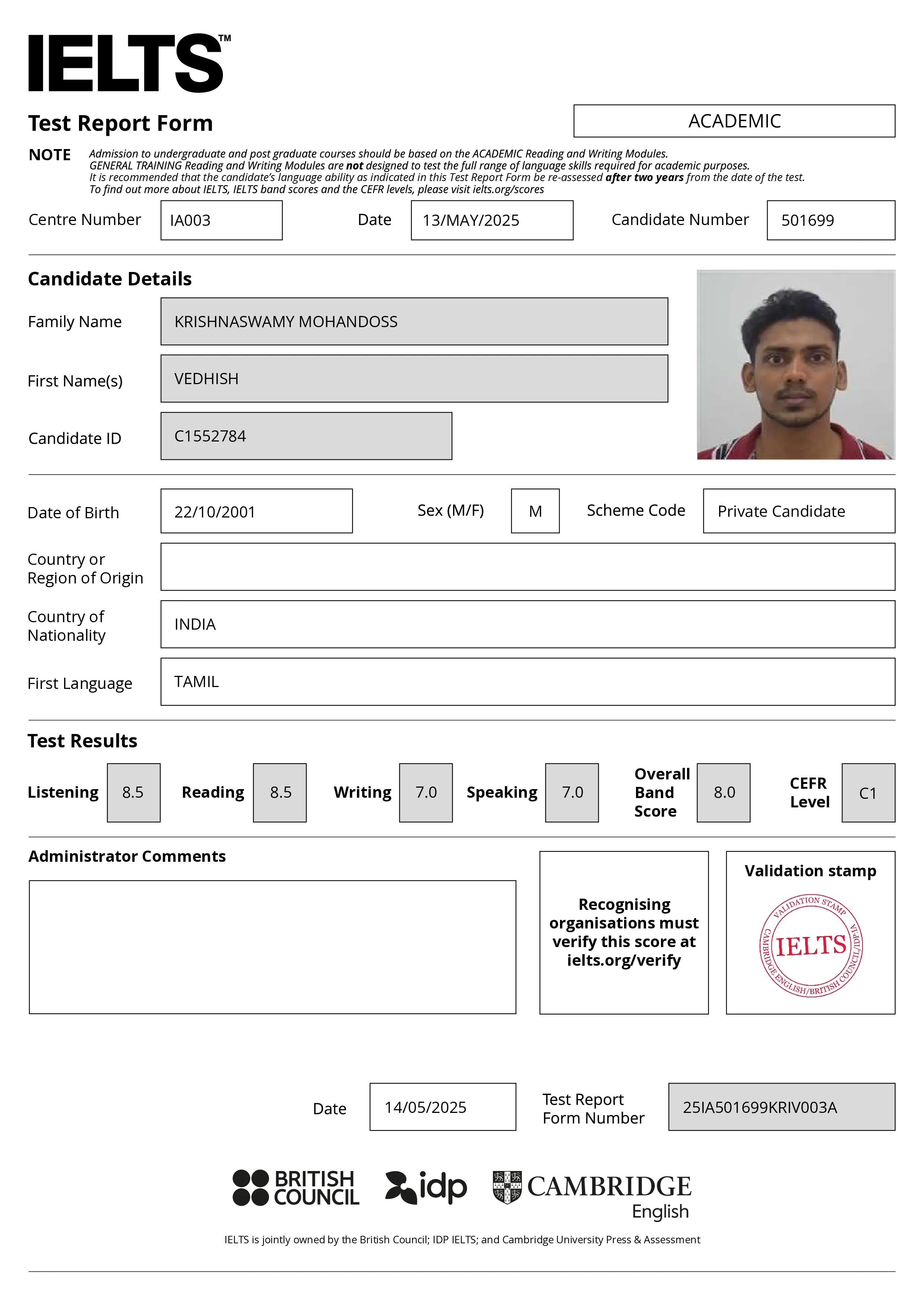Vedhish Kanan.co IELTS Chennai Student TRF