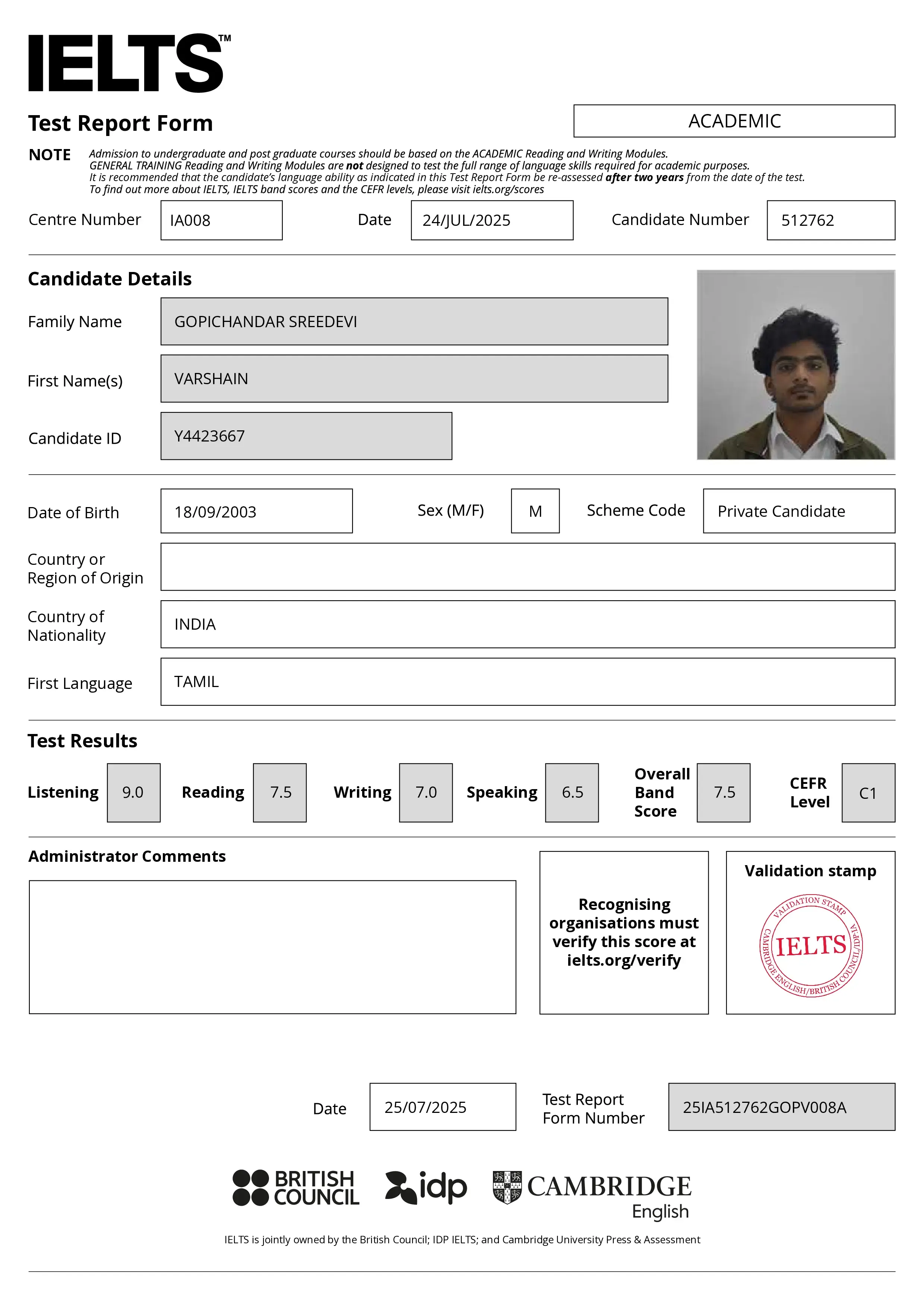 Varshain Kanan.co IELTS Chennai Student TRF