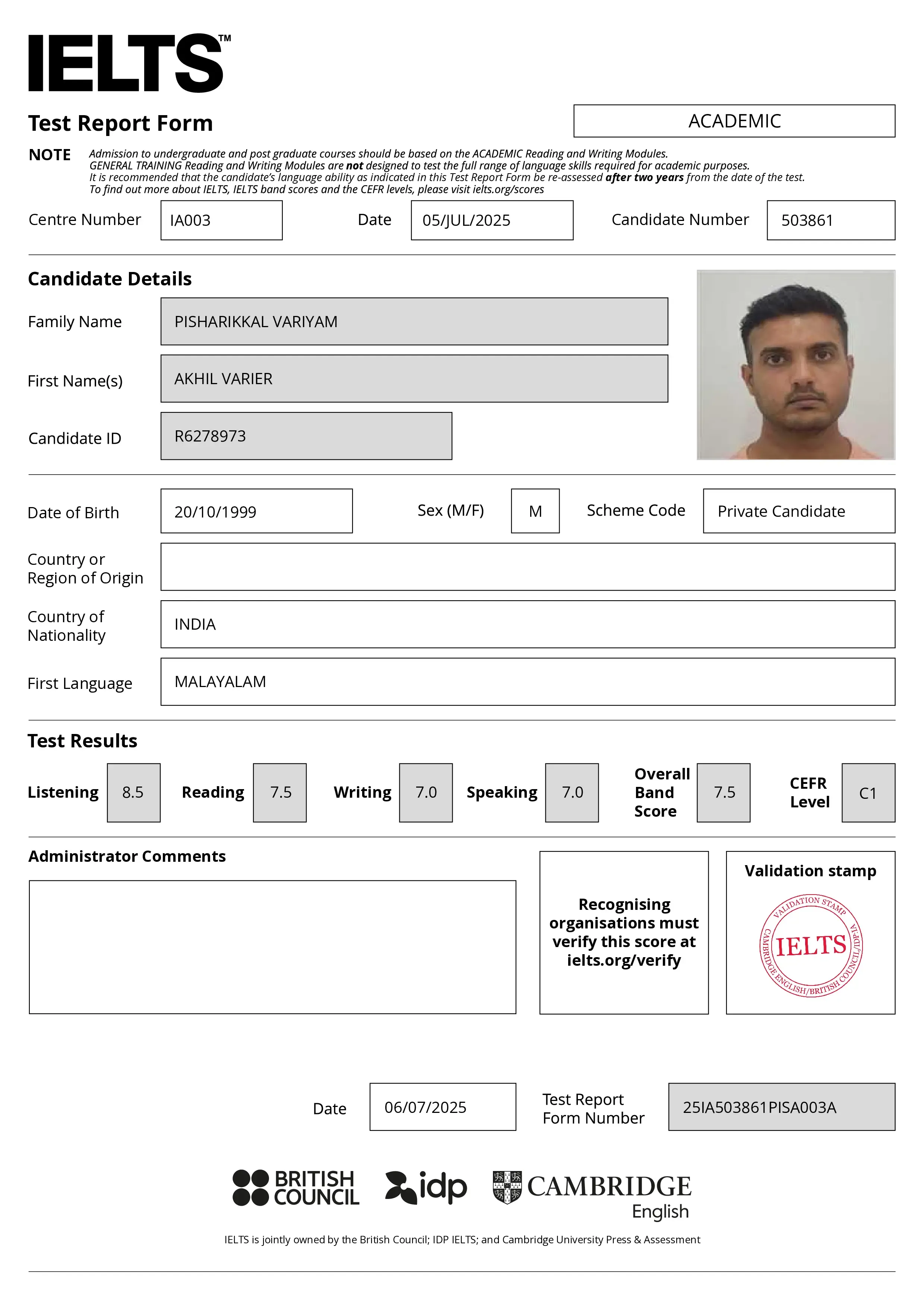 Akhil Varier Kanan.co IELTS Chennai Student TRF
