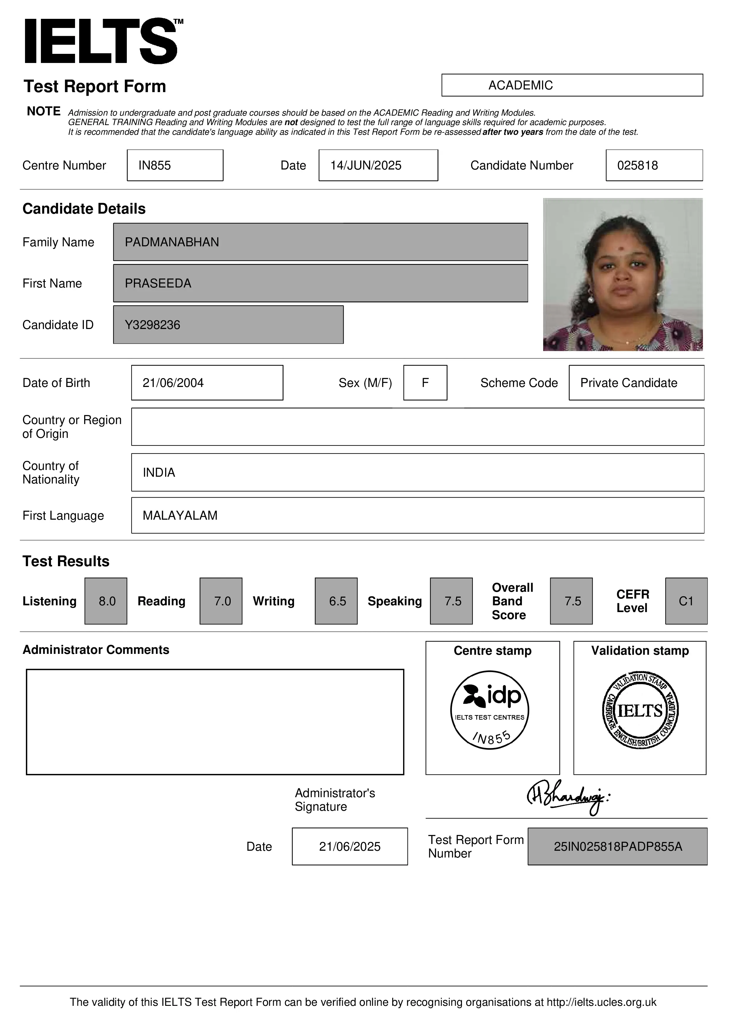 Praseeda Kanan.co IELTS Chennai Student TRF