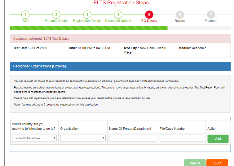 IELTS Registration Step 8 - RO Details