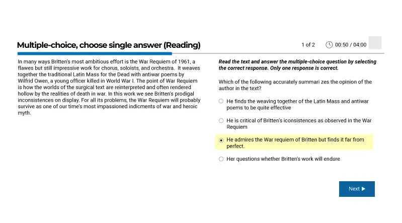 Multiple choice single answers reading