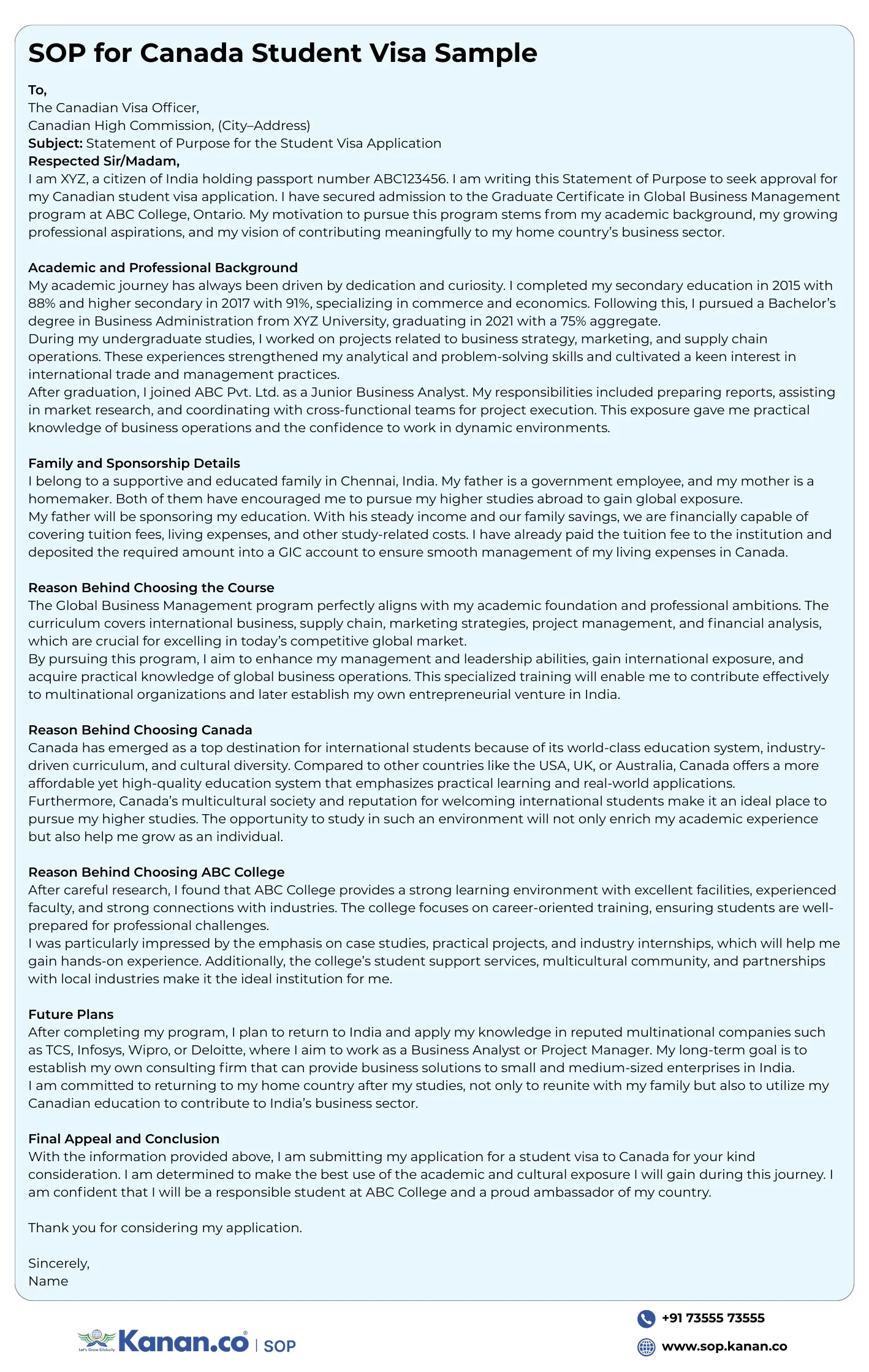 Sample SOP for Canada Student Visa