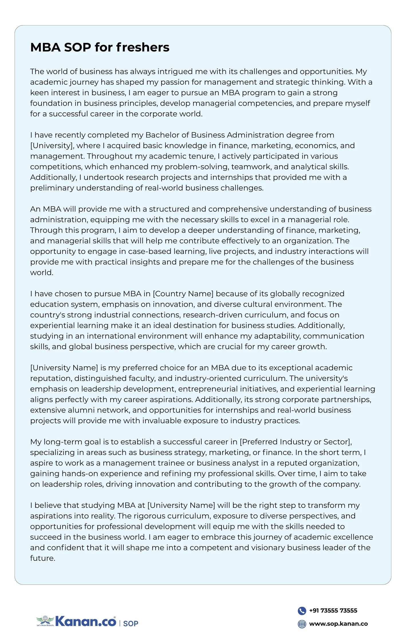 Sample SOP for MBA Freshers