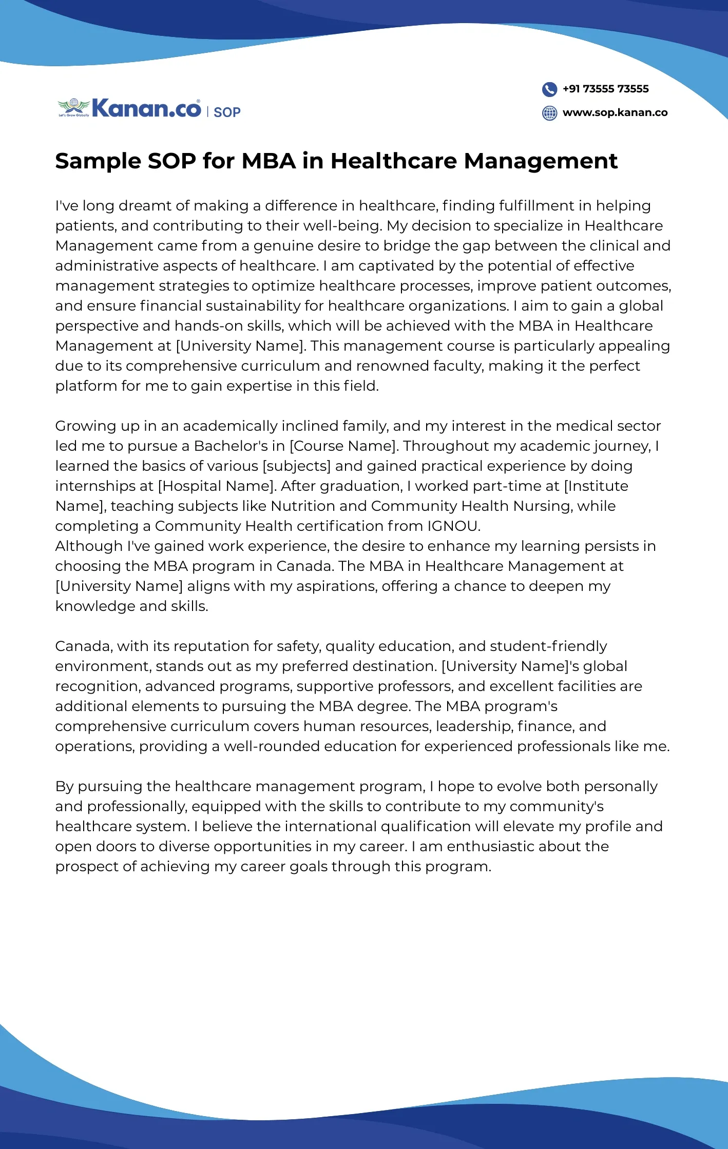 Sample SOP for MBA in Healthcare Management