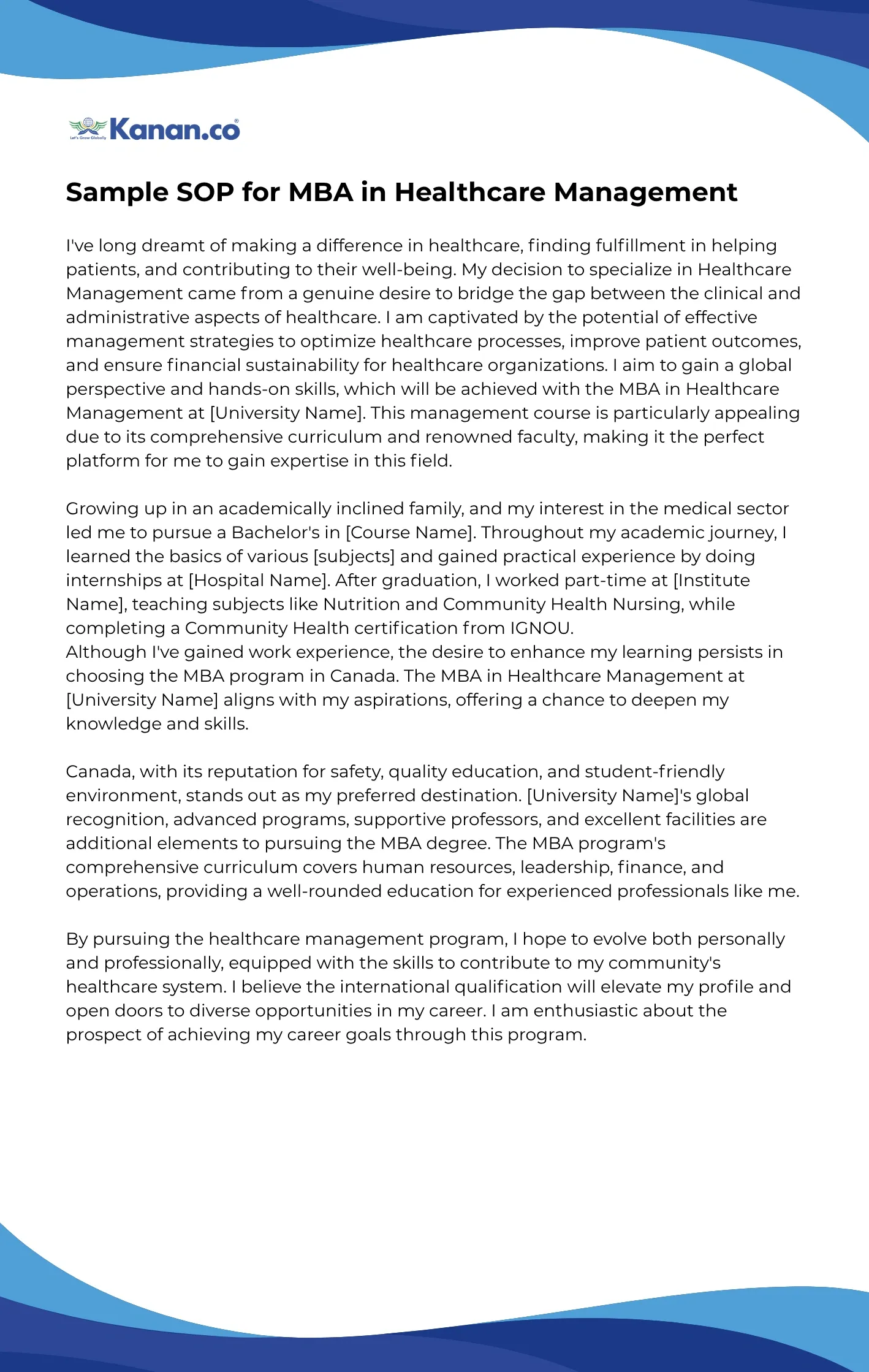 Sample SOP for MBA in Healthcare Management