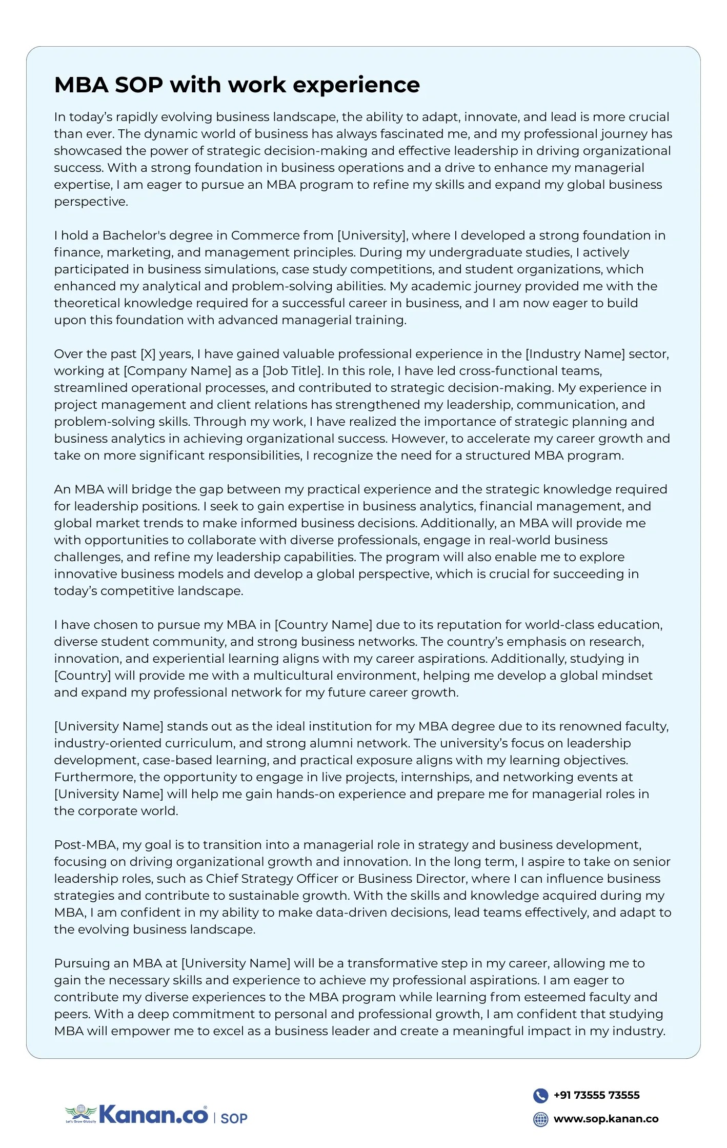 Sample SOP for MBA with Work Experience