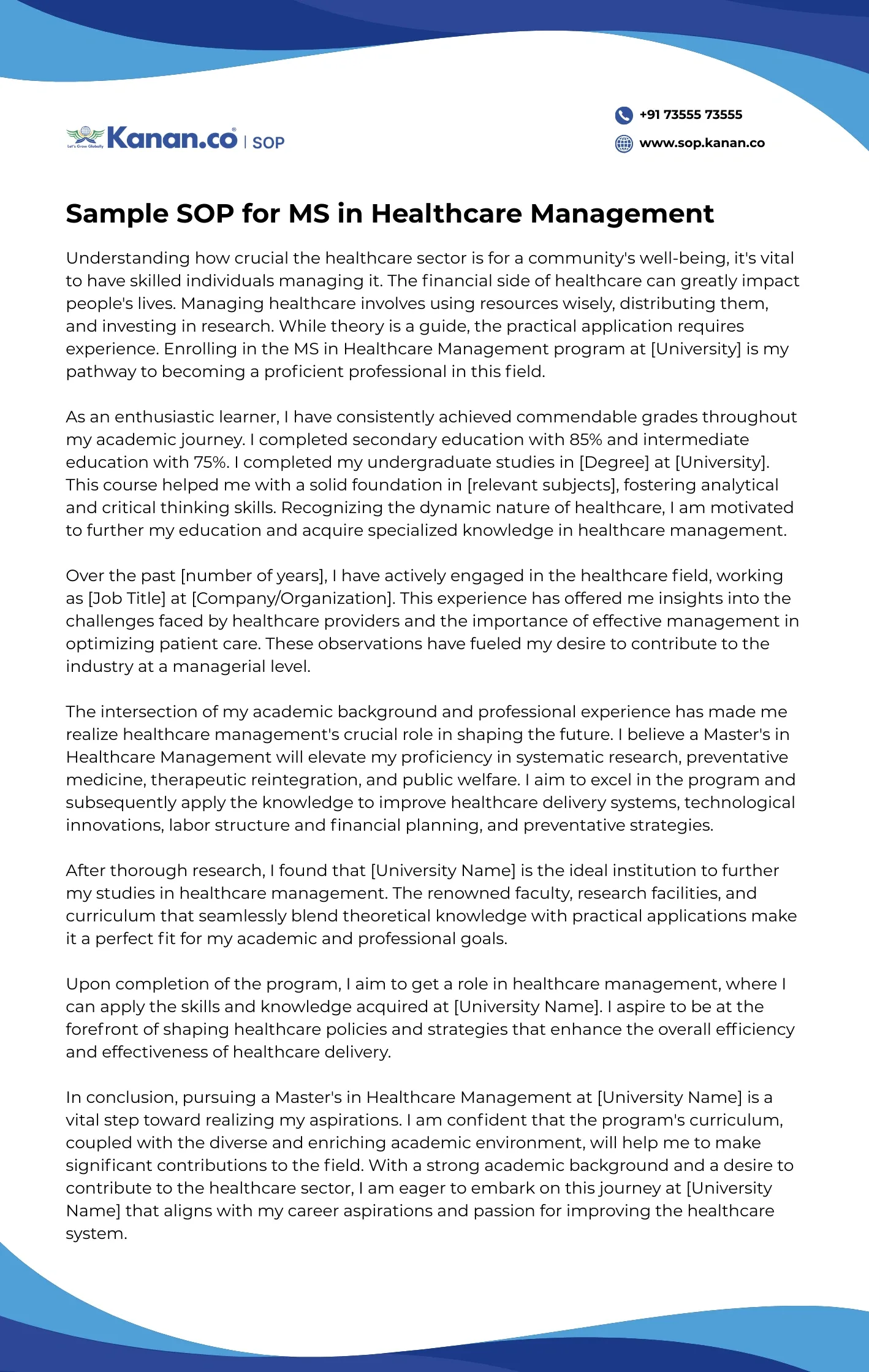 Sample SOP for MS in Healthcare Management