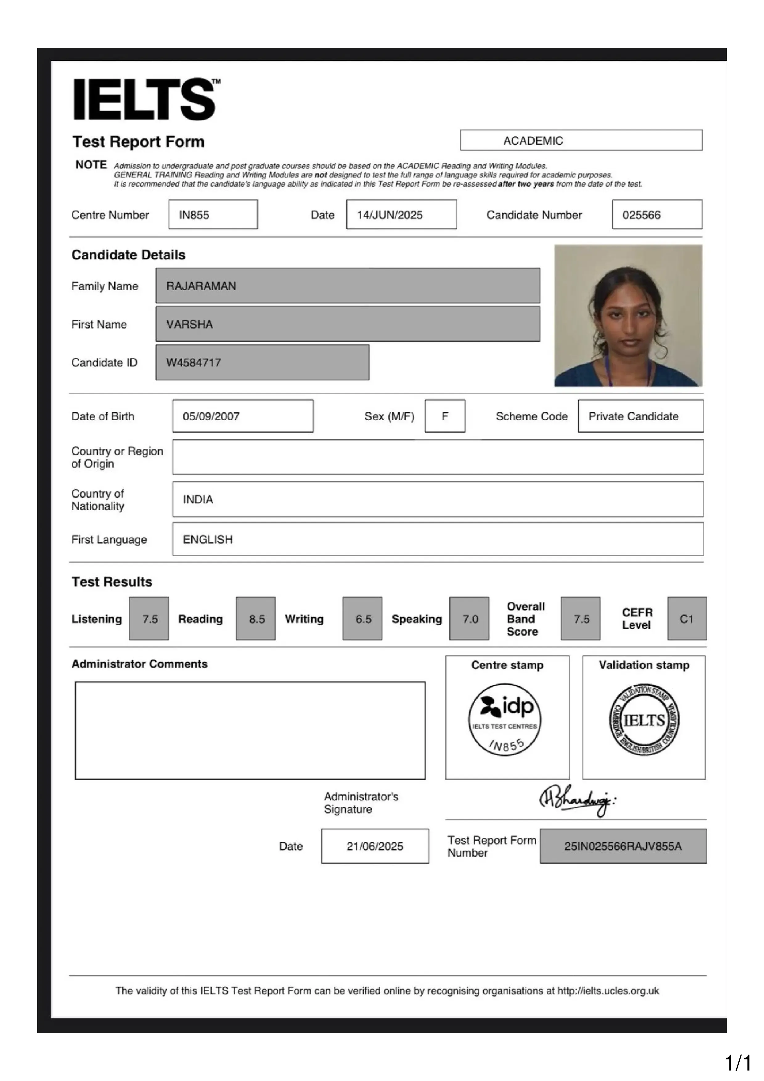 Varsha Kanan.co IELTS Chennai Student TRF